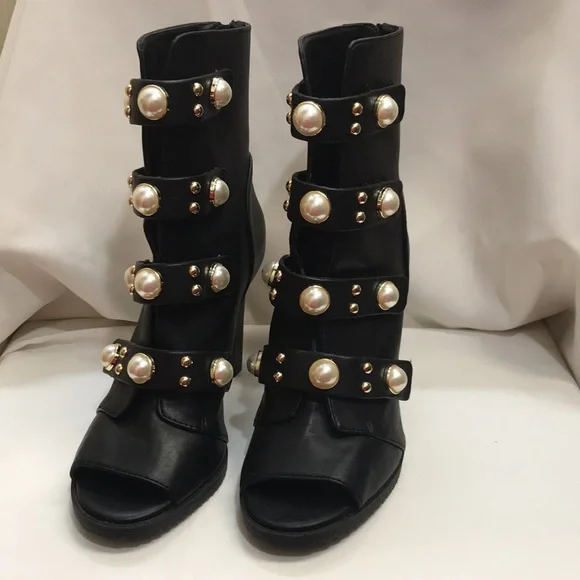 Karl Lagerfeld Brittie Embellished Pearls Women's 8M Peep Toe Black Booties - Picture 3 of 16